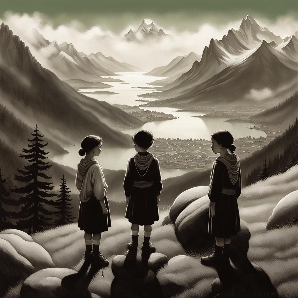 Mountain Village Landscape in Film Noir Style