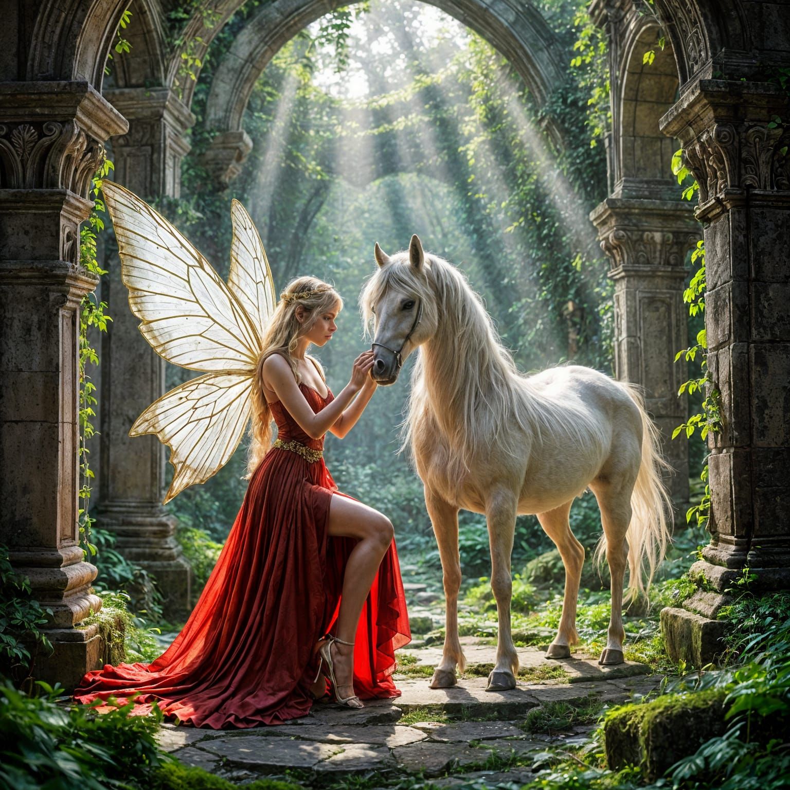 Fairy with Butterfly Wings Petting Pegasus in Ancient Ruins