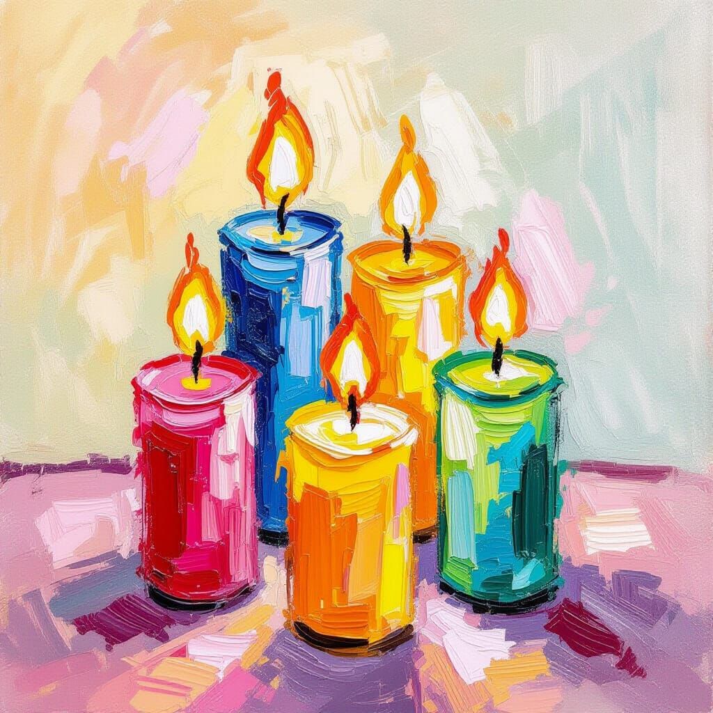 Vibrant Impasto Candle Painting with Warm Flickering Flames