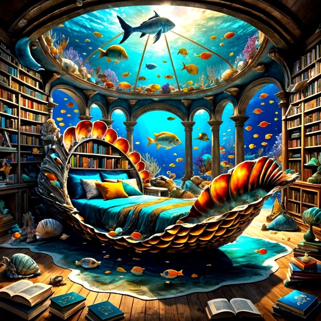 Mermaid Reading in Underwater Bookshelf