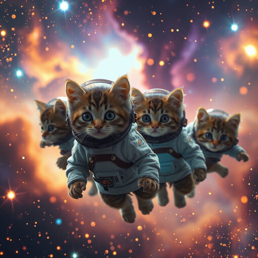 Kittens in Spacesuits Floating Through a Nebula