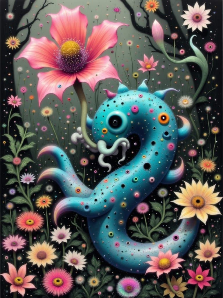 Bizarre Whimsical Creature in Surreal Fantasy Landscape