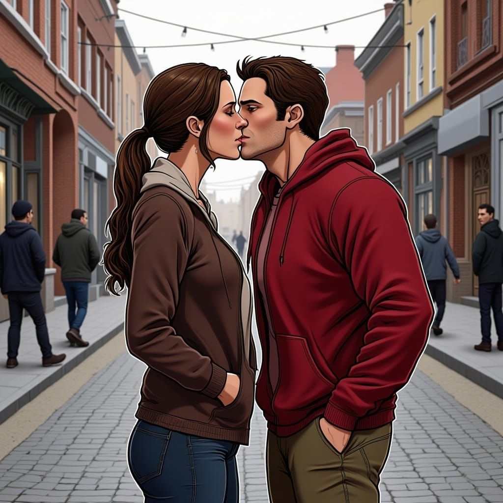 Passionate Kiss in City Street