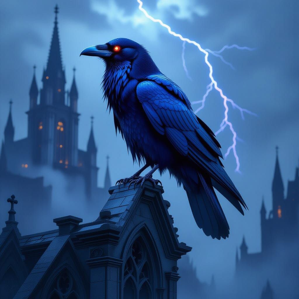 Spectral Raven Perched Atop Gothic Cathedral in Stardust