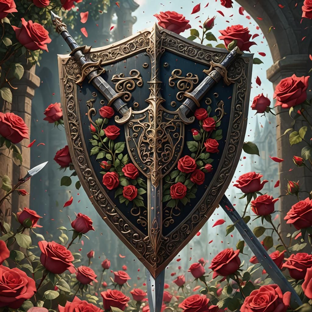 Longsword, Shield and Roses in Detailed Matte Painting