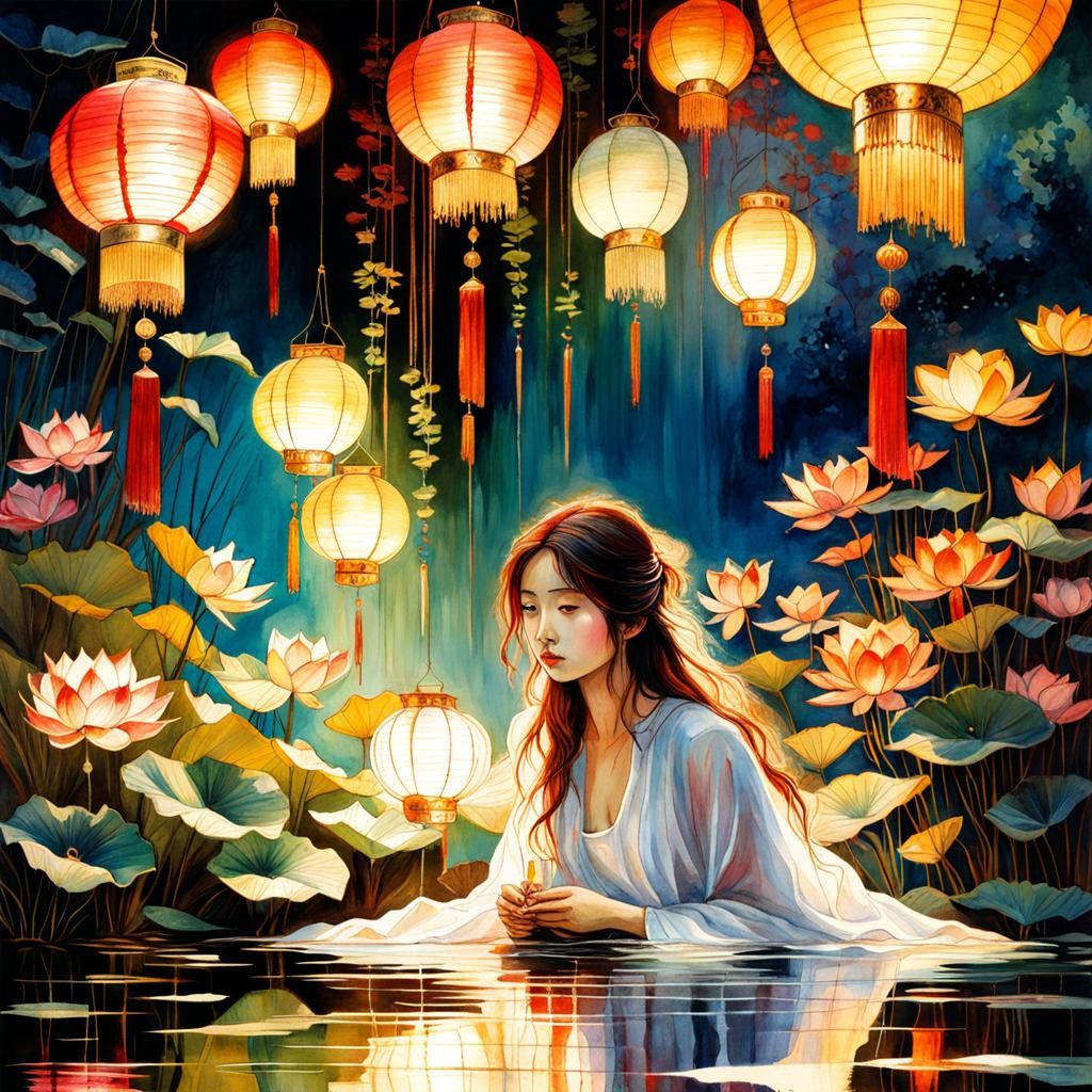 Chinese Lanterns Reflecting in Lotus Pond Watercolor