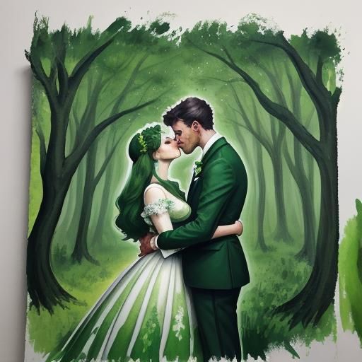 Green Couple Kissing in Forest: Gouache Watercolor Art