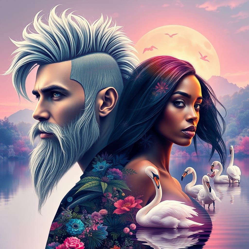 Mythical Couple in Surreal Iridescent Forest Illustration