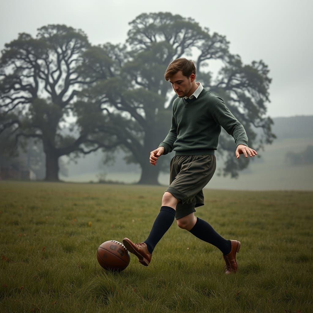 Victorian Footballer Kicks Ball in Rural English Meadow