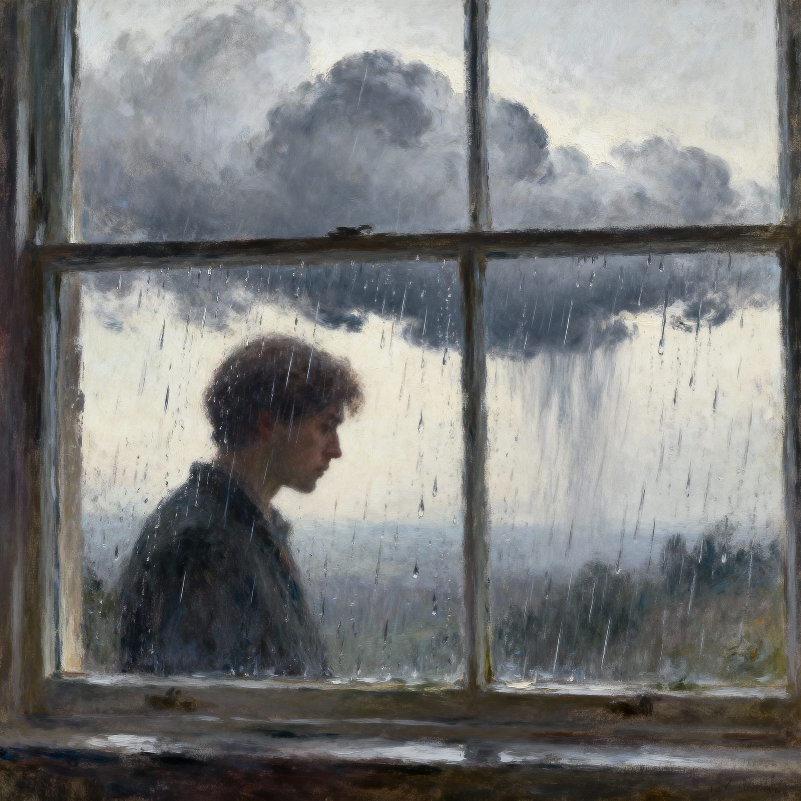 Rainy Window Reflection of Solitary Figure in Impressionist ...