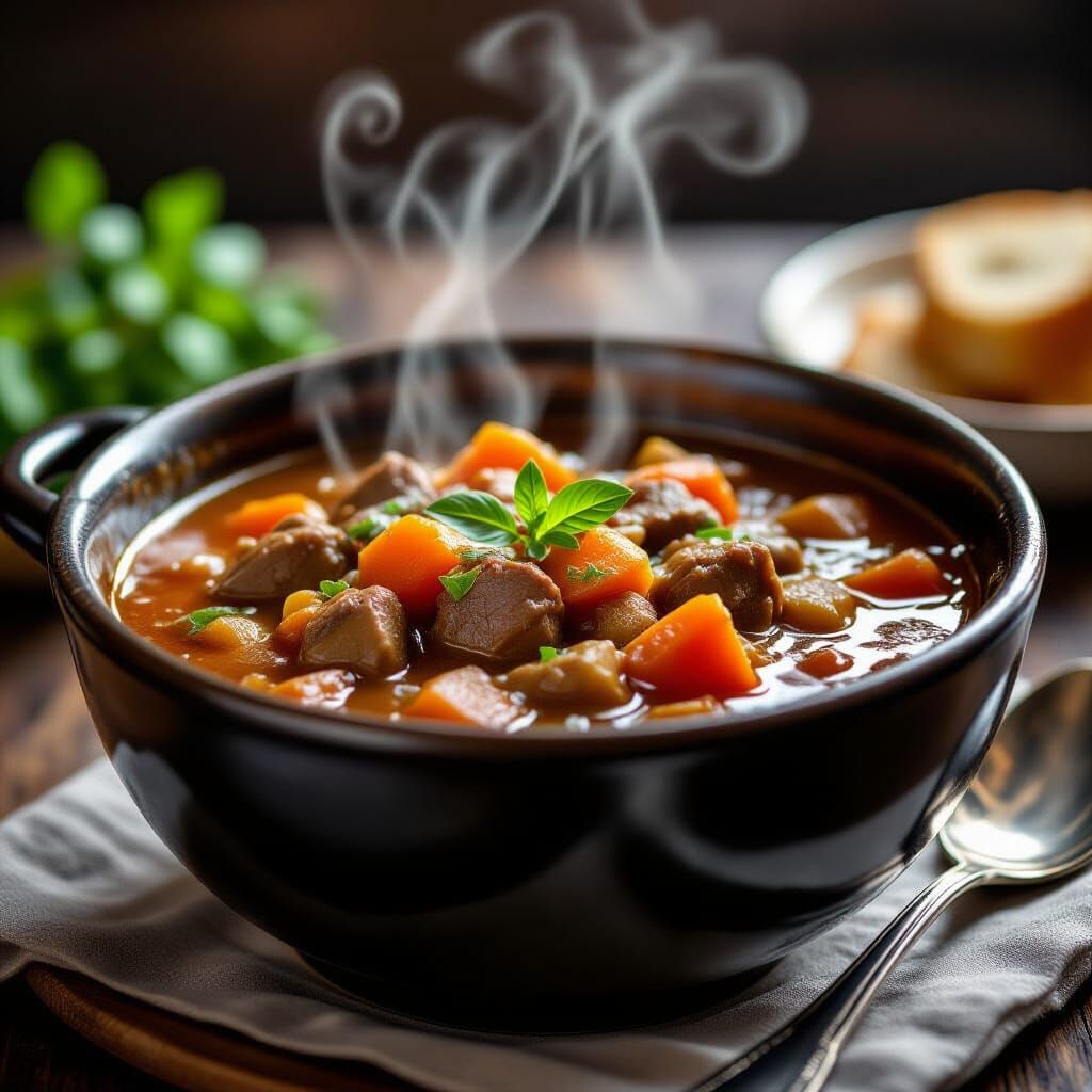 Steaming Bowl of Hearty Stew, Hyperrealistic Food Photograph...
