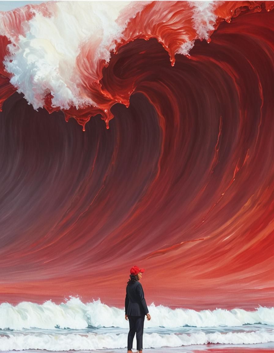 Surreal Kamala Harris Portrait in Red Ocean