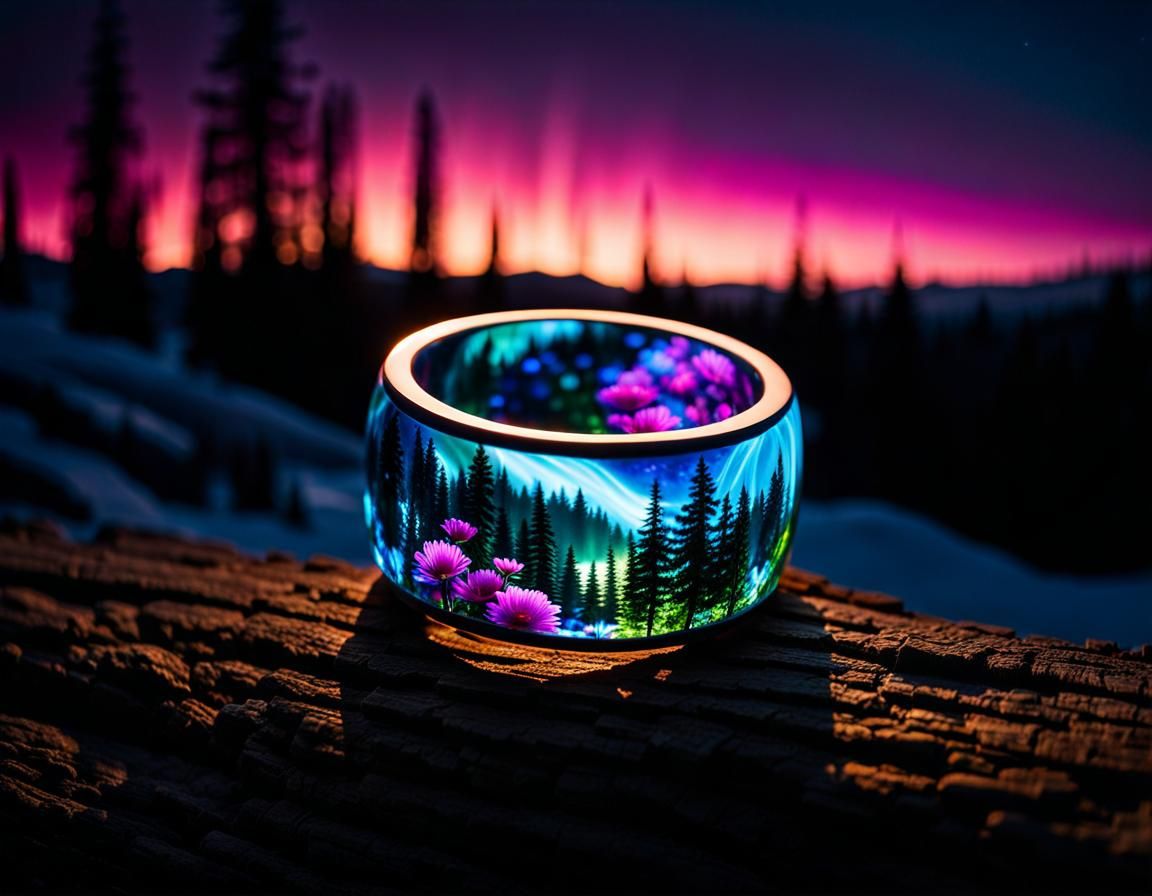 Bioluminescent Floral Resin Ring with Northern Lights