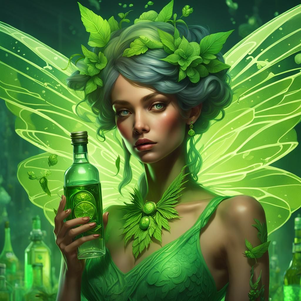 Lime Green Fairy with Absinthe, Hyperdetailed Portrait
