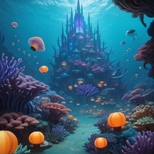 Underwater City with Alien Life, Vibrant Oil Painting