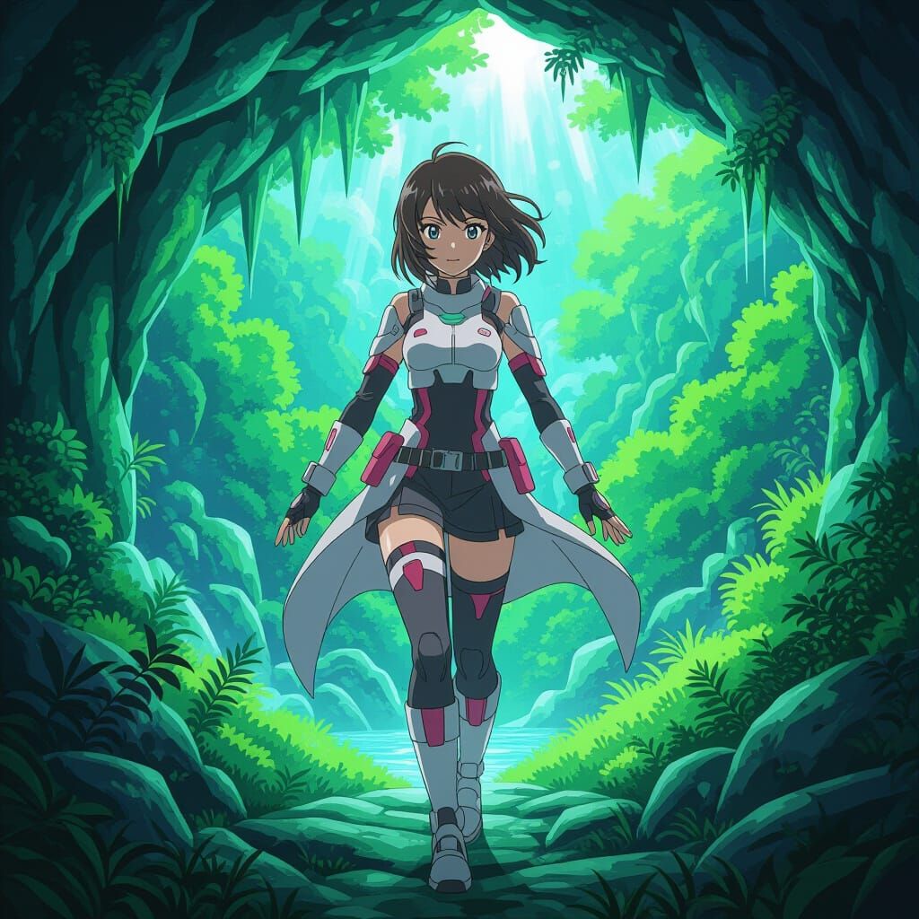 Anime Girl Emerges from Mystical Cave