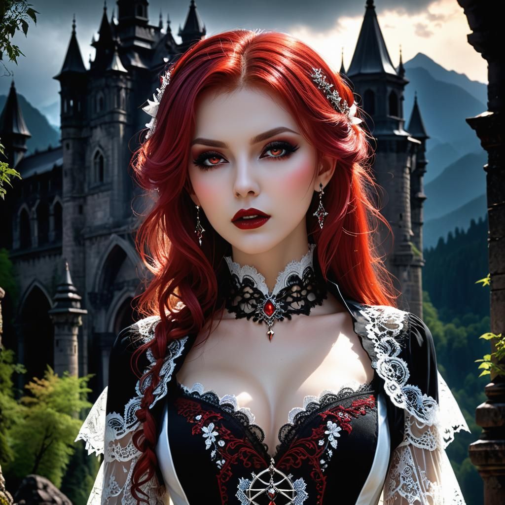 Beautiful Gothic Vampire in Dark Horror Scenery