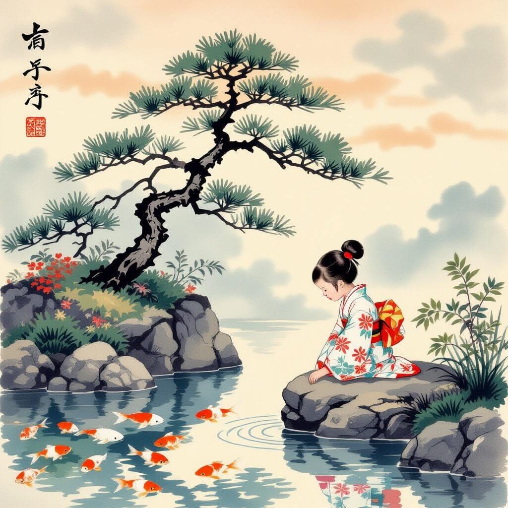 Serene Japanese Child Gazing at Koi Pond