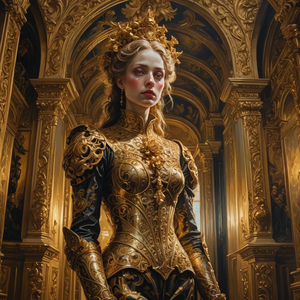 Golden Creepy Figure in Baroque Hallway