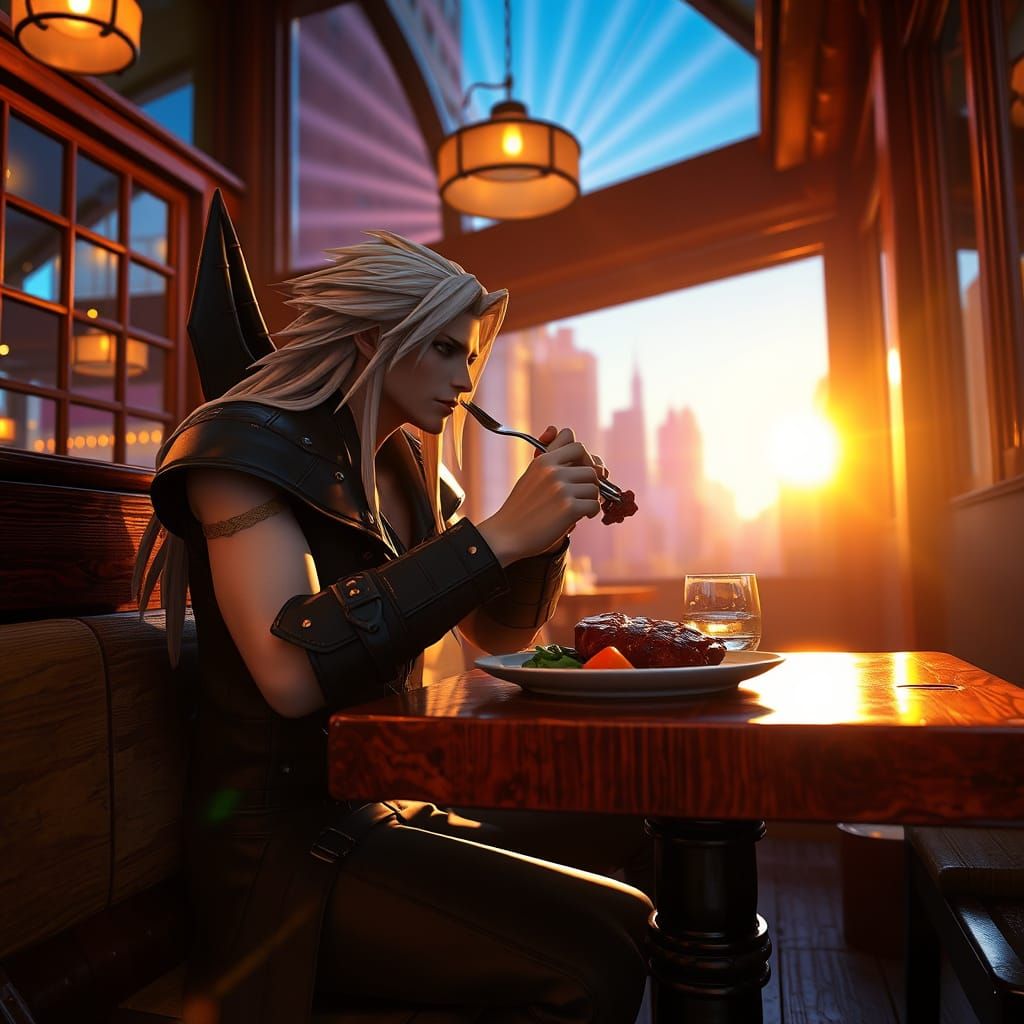 Sephiroth Savoring Steak in NYC Cafe