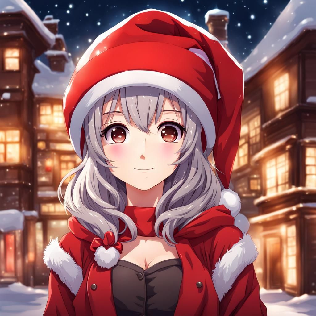 Cute Anime Girl in Santa Hat