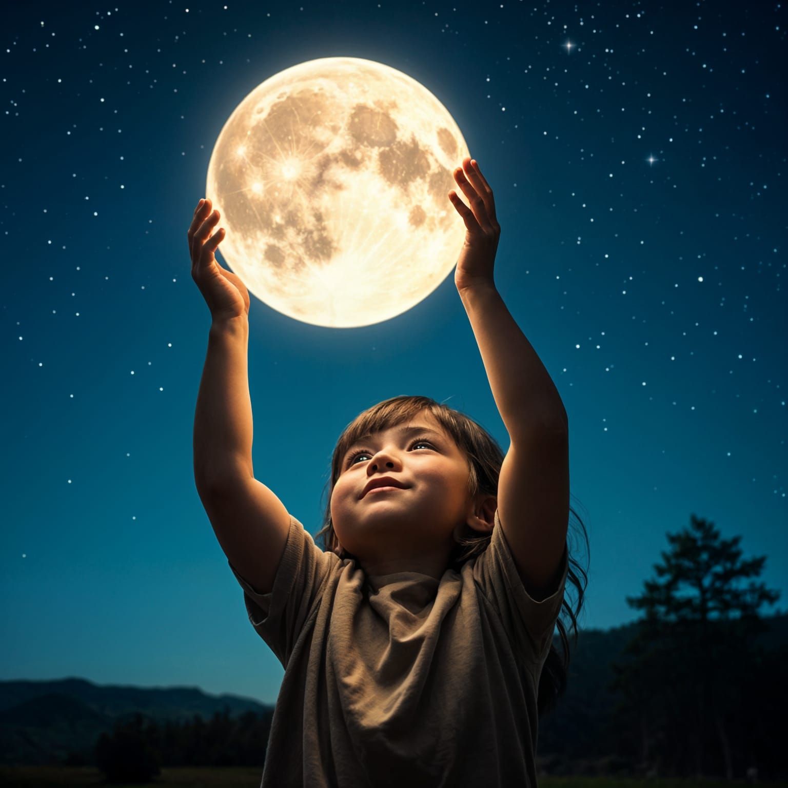 Wondrous Child Holds a Glowing Full Moon