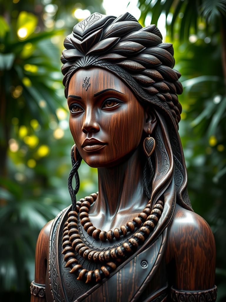 Intricate Wood Carving of Amazonian Woman