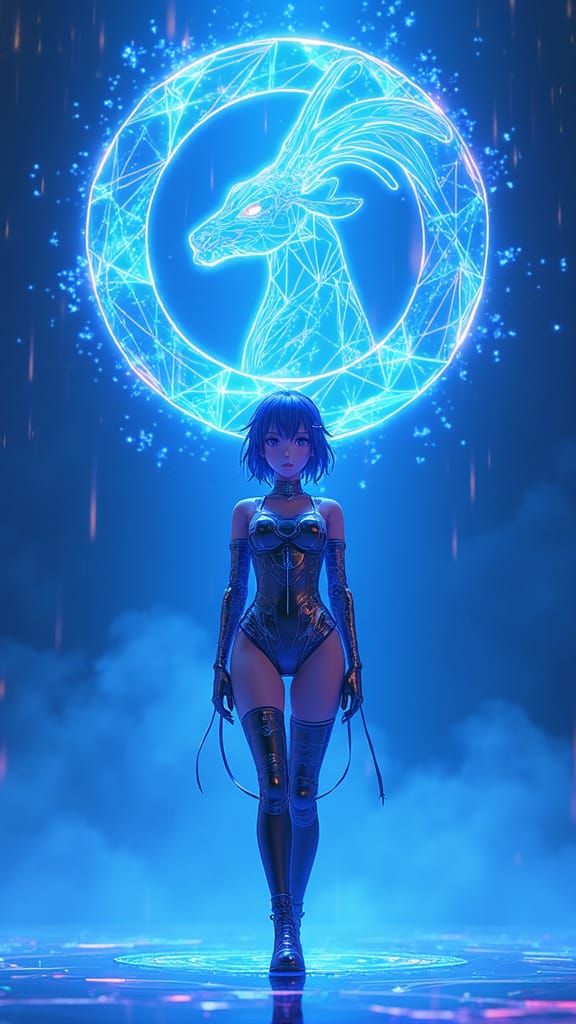 Anime Style Singer Nichrome Amidst Vibrant Blue Background w...