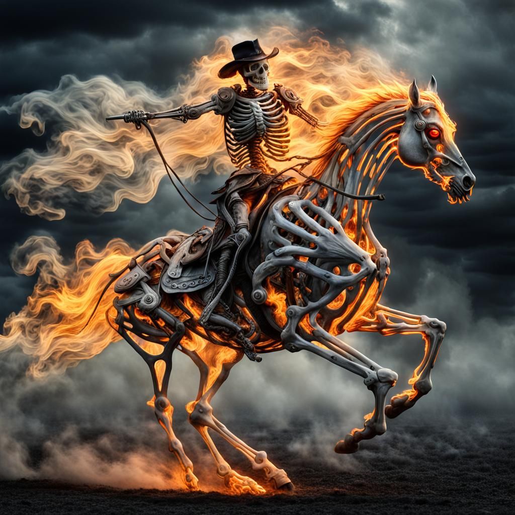 Fiery Skeletal Horse and Rider in Dark Fantasy Art