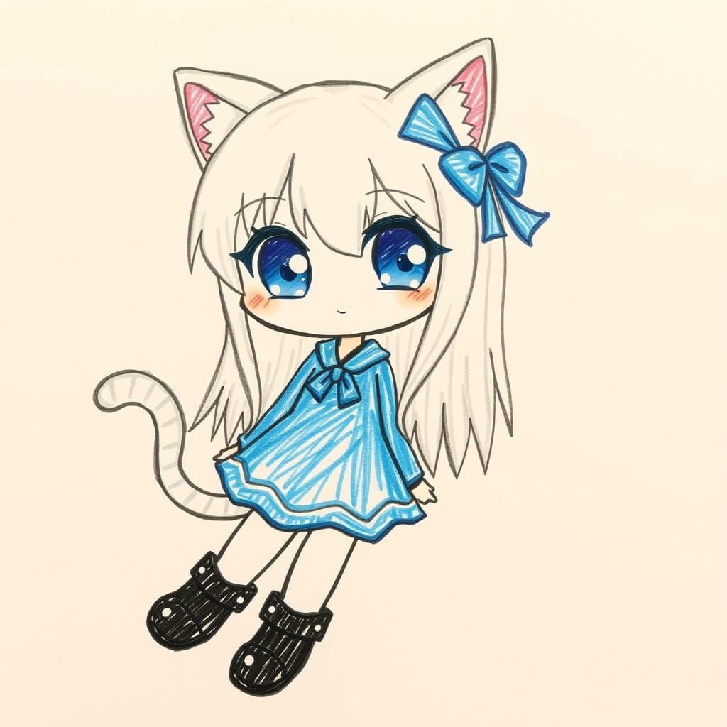 Childlike Crayon Drawing of Anime Catgirl