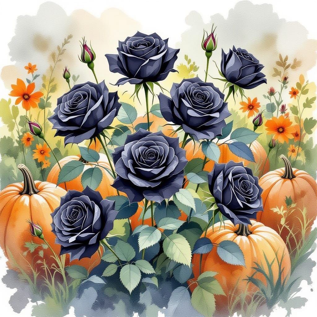 Black Roses Among Pumpkins in Watercolor Style