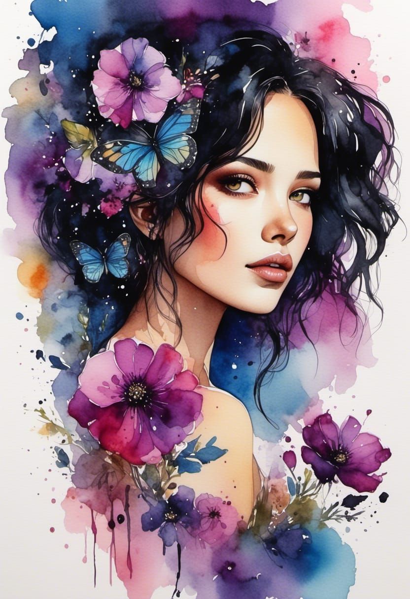 Watercolor Woman with Flowers and Fireflies
