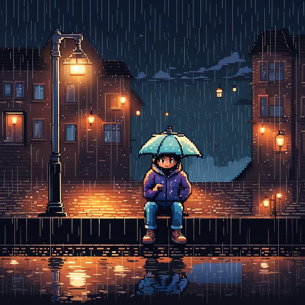 Lost Child in Rainy City: Pixel Art