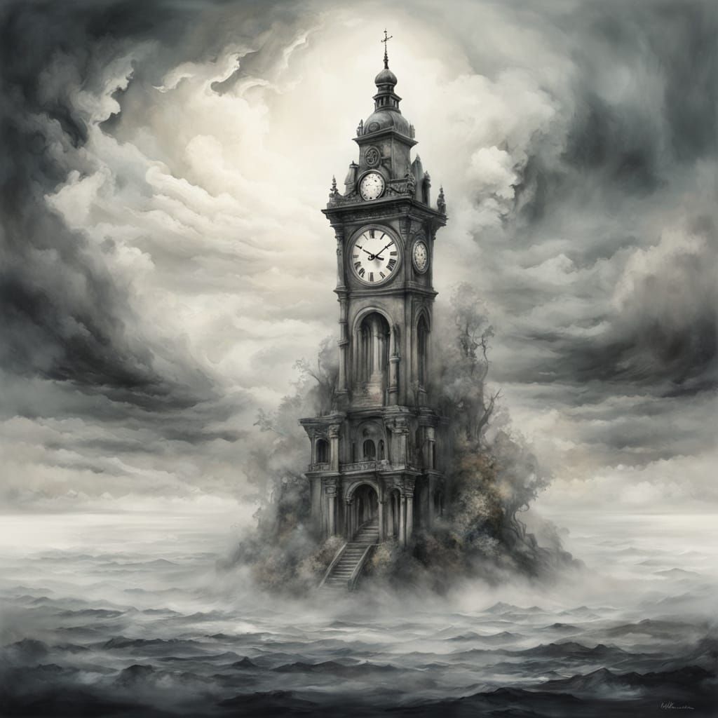 Ornate Clock Tower Emerging from Clouds in Dreamlike Landsca...