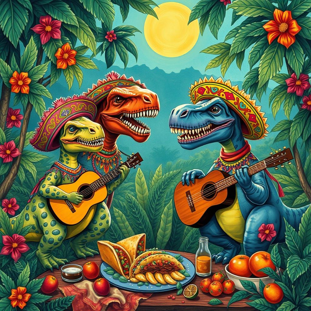 Dinosaurs Celebrate Cretaceous Fiesta with Guitars
