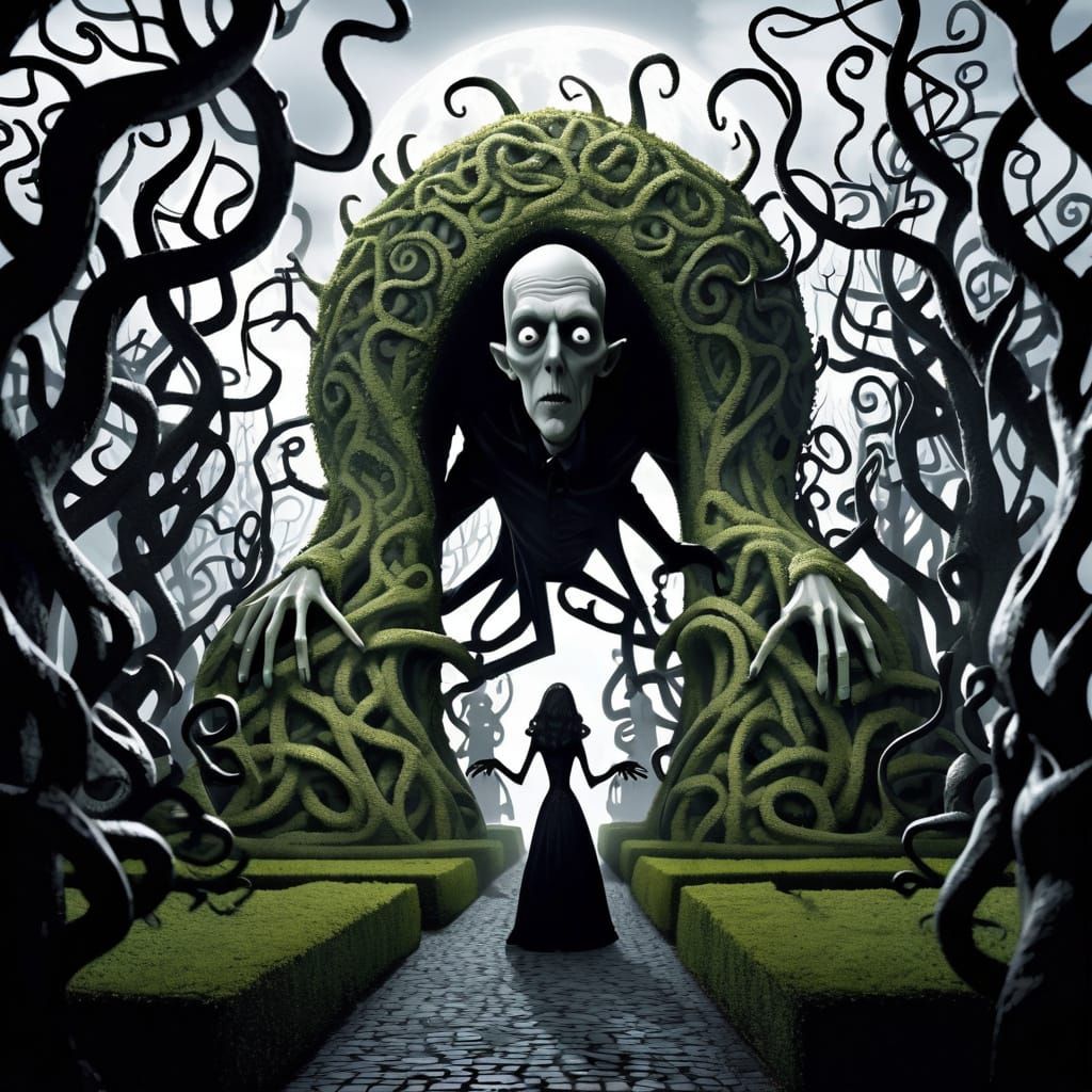 Haunted Hedge Maze with Grotesque Statues