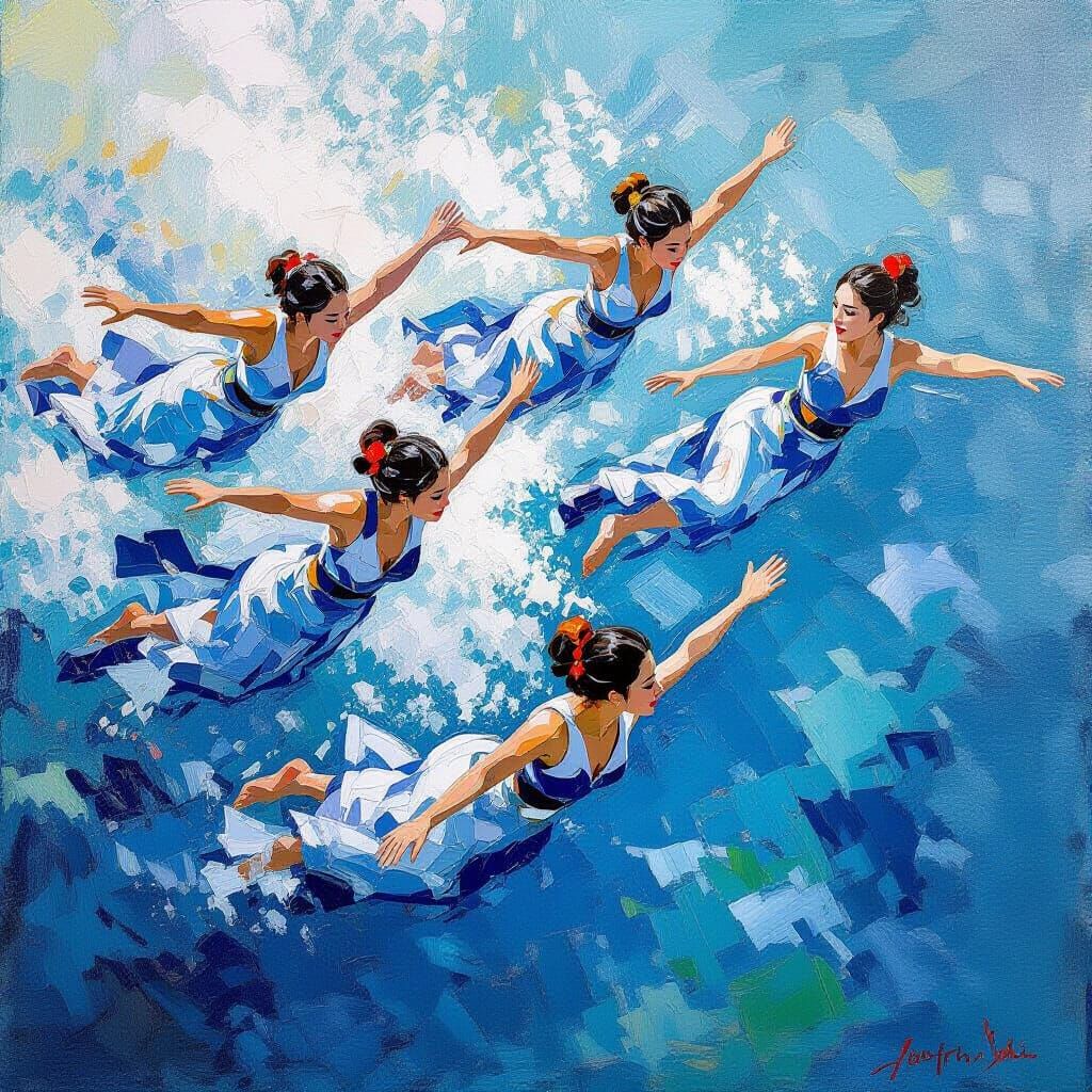 Japanese Pearl Divers in Monet-Inspired Impressionism