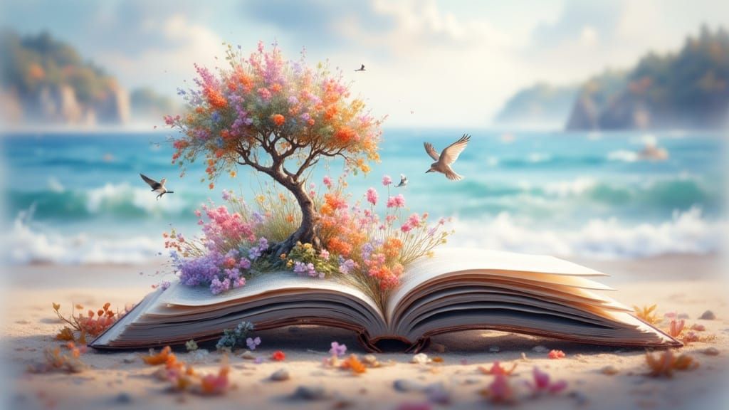 Open Book Revealing Miniature Nature Scene on Shore