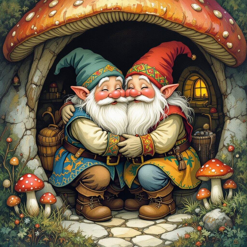 Dwarf Couple Embrace in Mushroom Kingdom