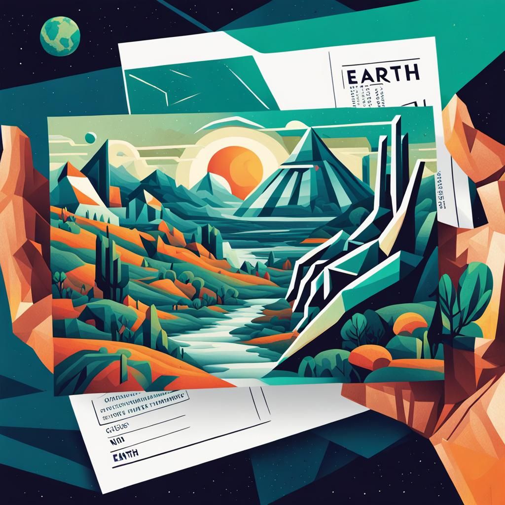 Alien Hand Holding Earth Postcard in Cubist Style