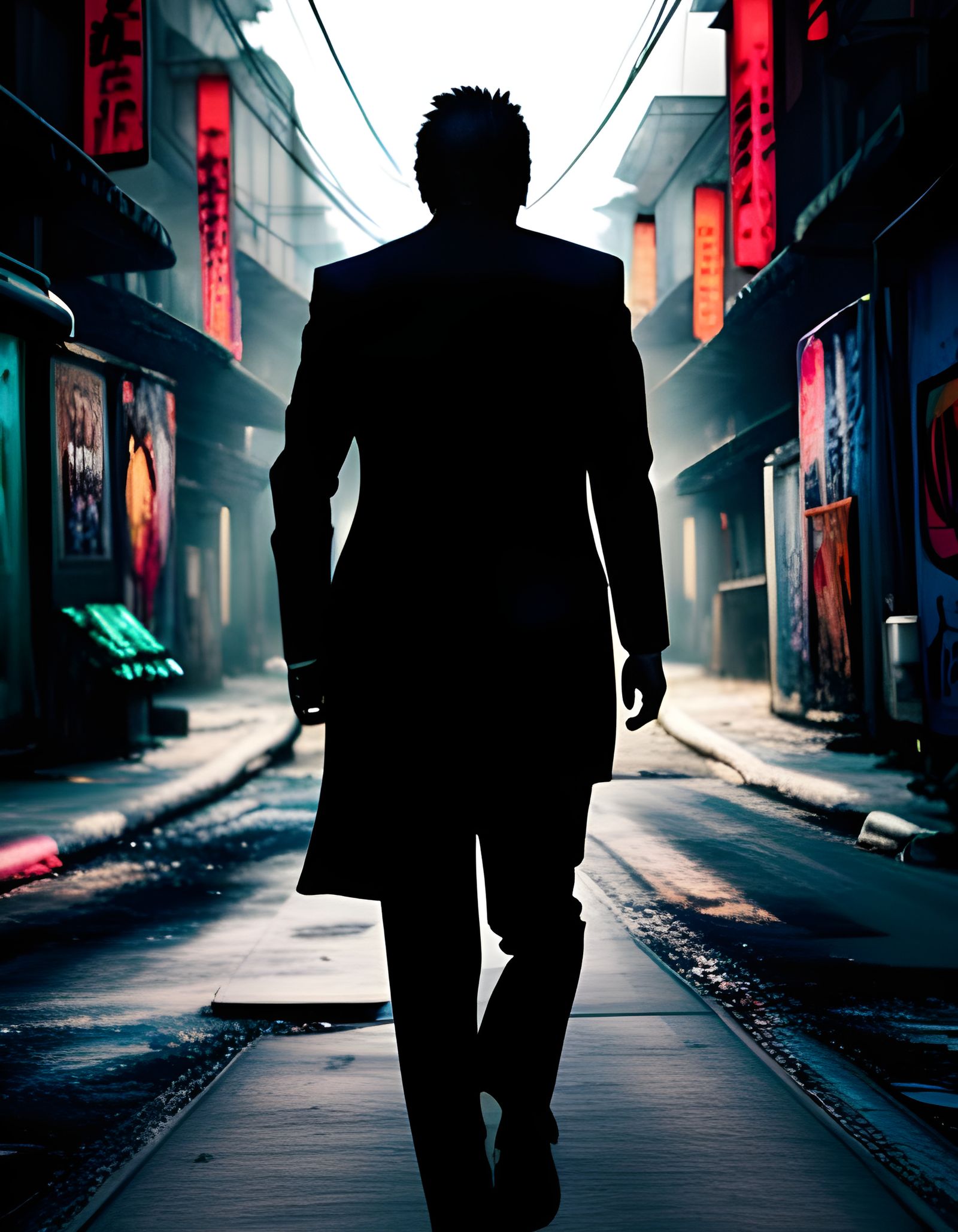 Yakuza Gangster in Neon Alley: Digital Matte Painting