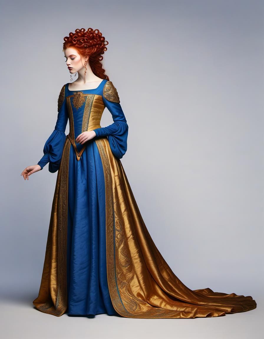 Medieval Queen with Red Hair in Blue Gown