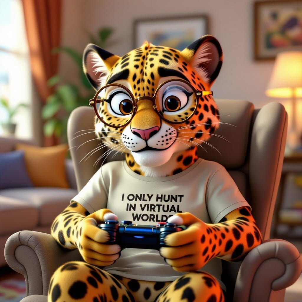 Animated Leopard Gaming in Cozy Living Room