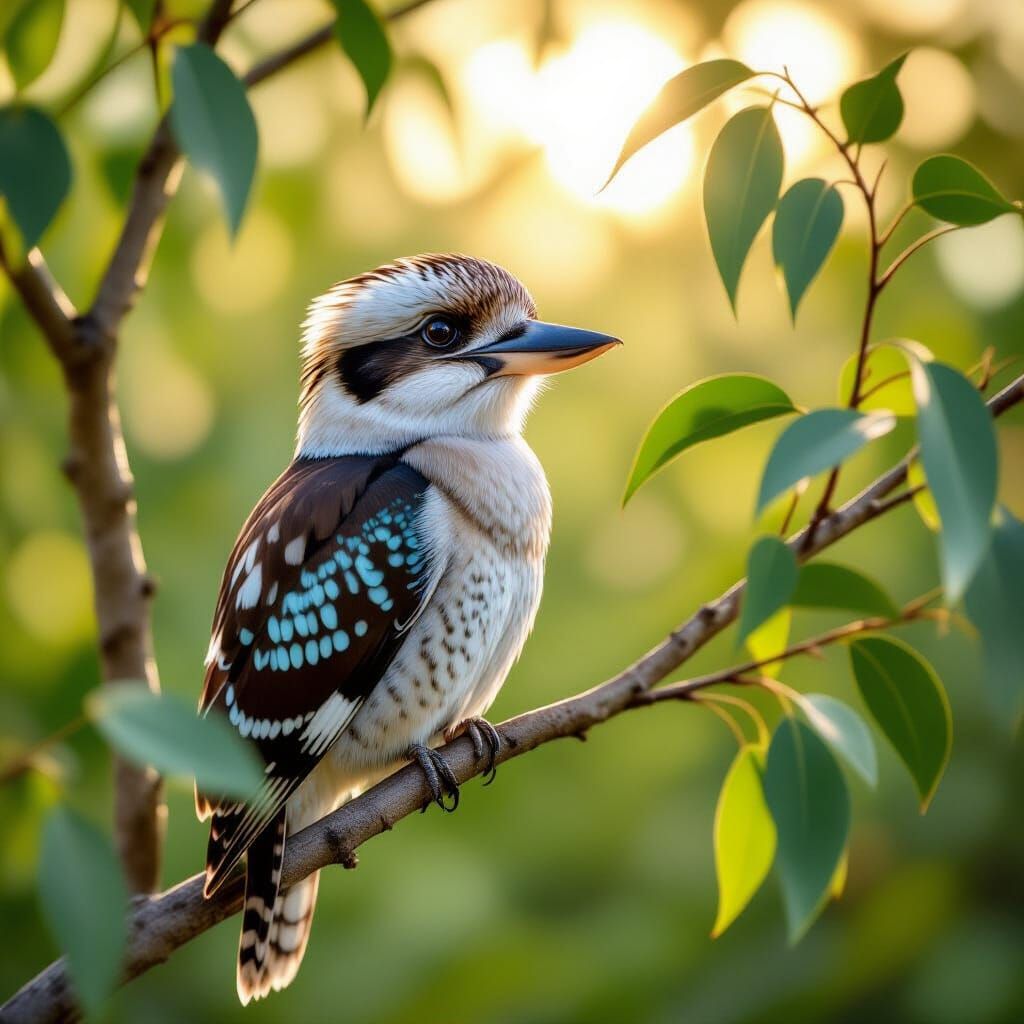 Photorealistic Kookaburra in Eucalyptus Tree
