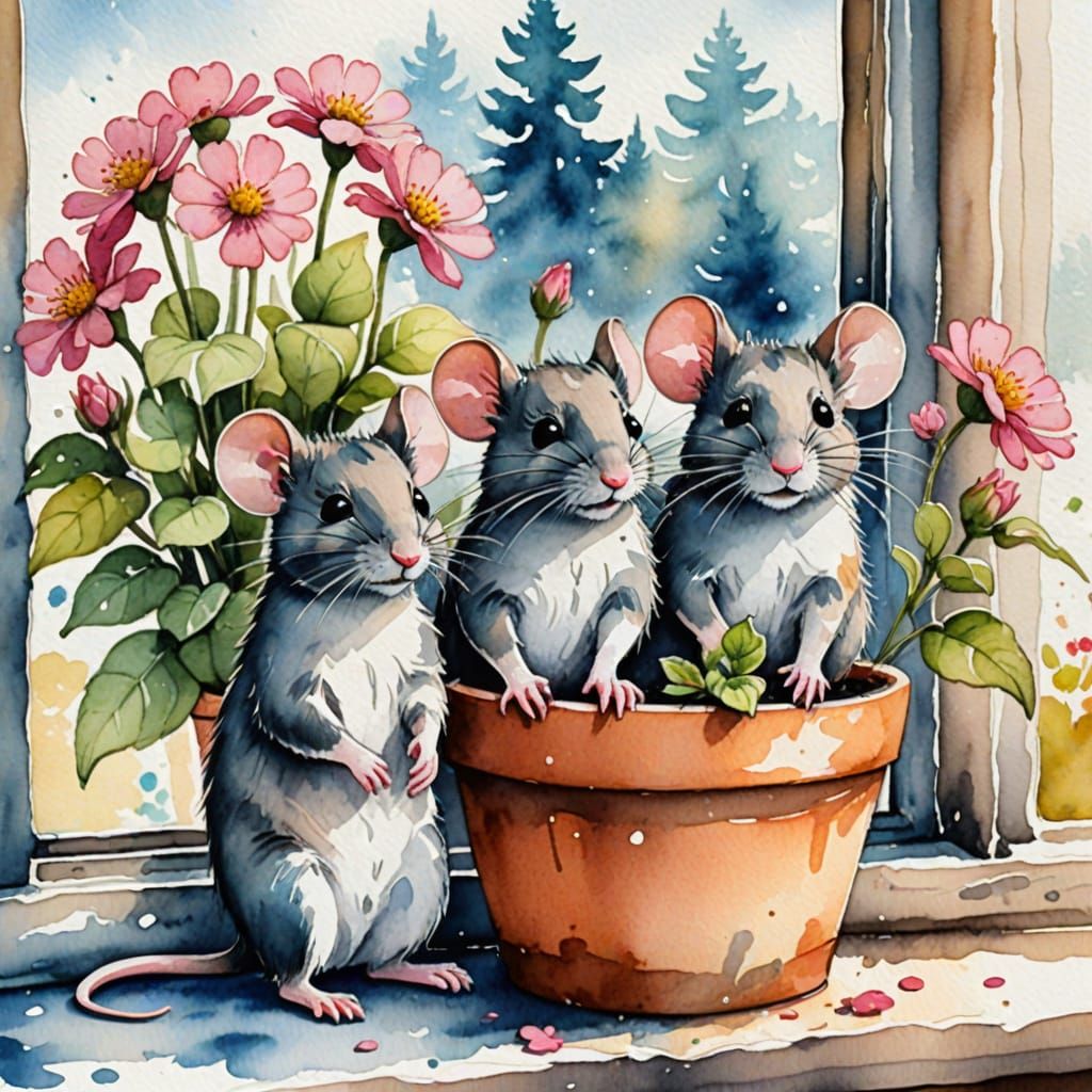 Cute Mice on a Window Sill as Watercolor
