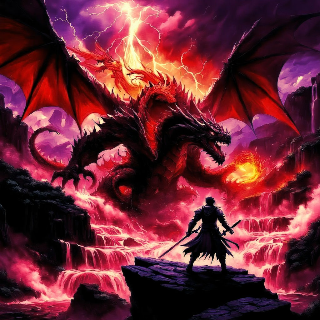 Epic Anime Battle: Knight vs Dragon in Fiery Landscape