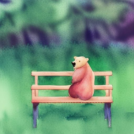 Bear on Bench in Retro Watercolor Style