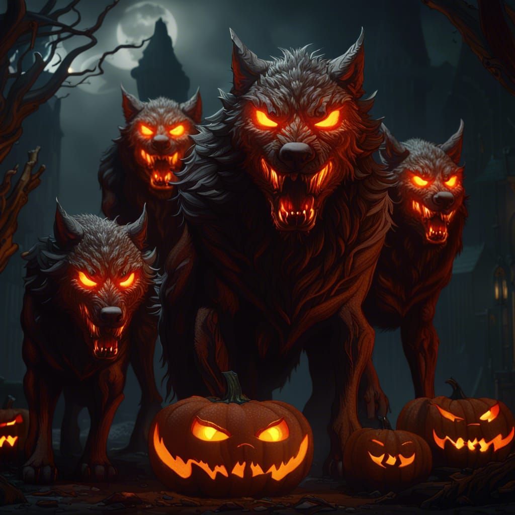 Demon Wolves Guarding Giant Jack-o-Lantern