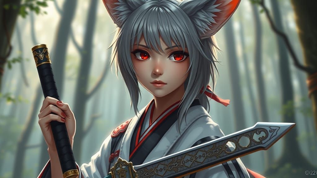 Girl in Traditional Kimono, Holding Sword, in a Serene Fores...