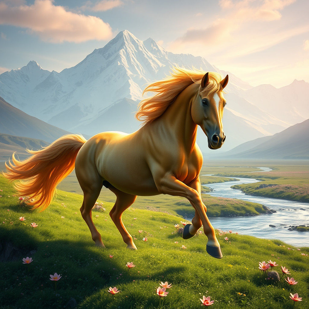 Golden Horse Running Through Emerald Plain